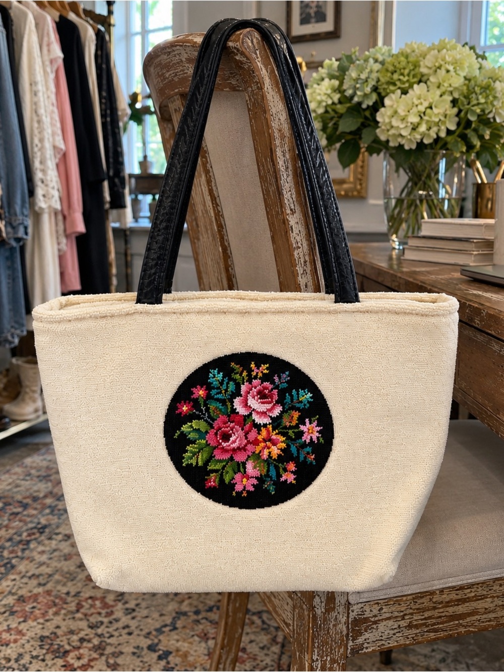Blue Field Floral Needlepoint Tote Cream Black Grandmillennial Cottagecore